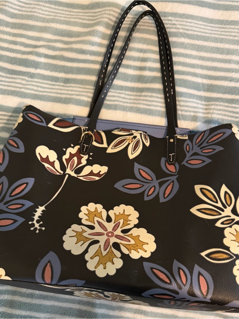 Tory Burch Black Floral Tote with Blue, Cream and Gold Accents